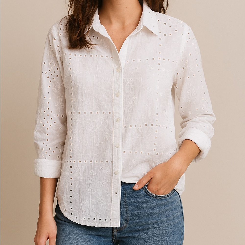LOFT White Eyelet 100% Cotton Embroidered Women’s Small Button Down Long Sleeve
